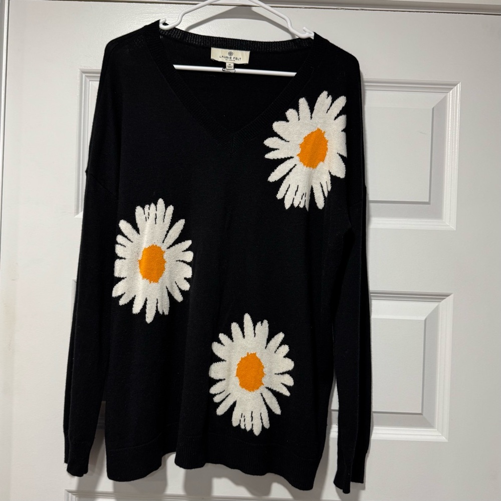 Laurie Felt Black V-Neck Sweater with White and Orange Daisies